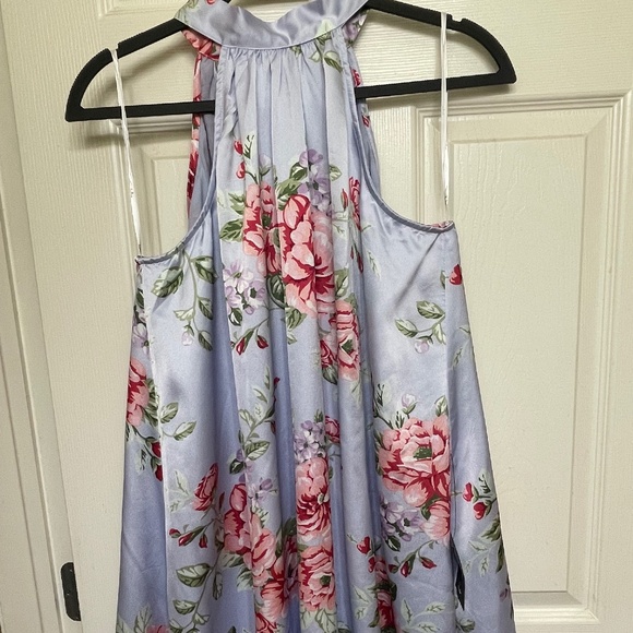 Get a Bloom Light Blue Floral Print Satin Halter Mini Dress - Picture 3 of 6